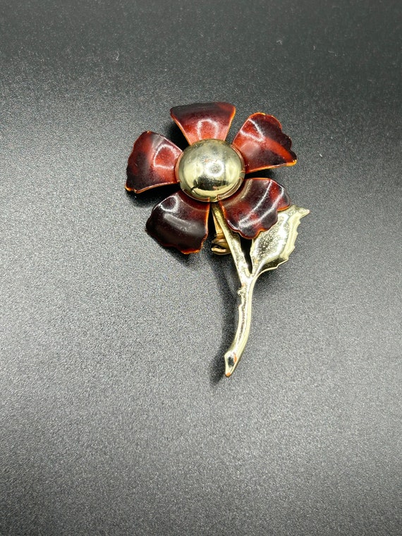 HollyCraft Gold Tone Brown Enamel and Rhinestone Swirled Flower Pin