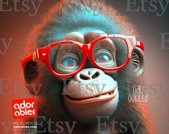 ADORABLES CLUB / 3d Baby Gorilla character wearing glasses with red frames smiling happy adorable ultra detailed 8k