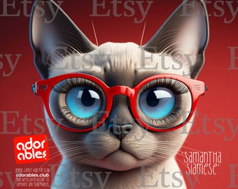 ADORABLES CLUB / 3d Siamese Cat character wearing glasses with red frames smiling happy adorable ultra detailed 8k