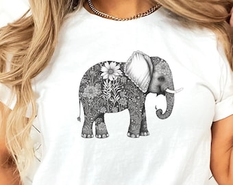 Floral Elephant Shirt, Boho Shirt for Her, Elephant shirt, Summer Shirt, Birthday Gift, Shirt for Women, Shirt for Elephant Lover,Cute Shirt