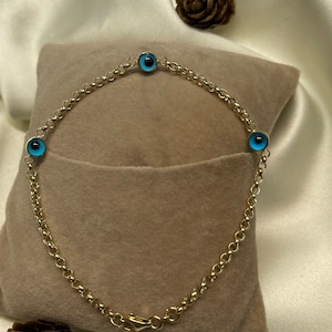 14K Gold Evil Eye Bracelet, Gold Rolo Chain Bracelet, Evil Eye Charm Bracelet, Everyday Gold Jewelry, Minimalist Jewelry, Gift for Her