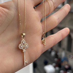 14K Real Solid Gold Minimal Friendship Key Necklace Lucky Charm Pendant Necklace For Women Gift Handmade Unique,Valentines Gift,Gift For Her