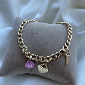 14k Gold Rolo Link Bracelet with Rolo Charm Thick Belcher Chain Gold Bracelet Sailor Lock Clasp Puffy Rolo Charm Valentines Gift
