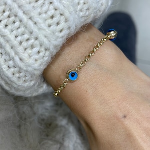 14K Gold Evil Eye Bracelet, Gold Rolo Chain Bracelet, Evil Eye Charm Bracelet, Everyday Gold Jewelry, Minimalist Jewelry, Gift for Her