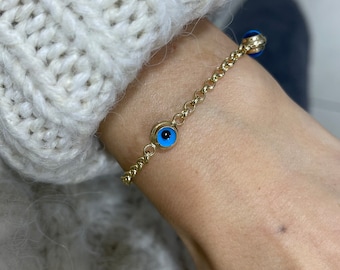 14K Gold Evil Eye Bracelet, Gold Rolo Chain Bracelet, Evil Eye Charm Bracelet, Everyday Gold Jewelry, Minimalist Jewelry, Gift for Her