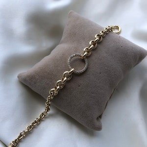 14k Gold Rolo Link Bracelet with Rolo Charm Thick Belcher Chain Gold Bracelet Sailor Lock Clasp Puffy Rolo Charm Valentines Gift