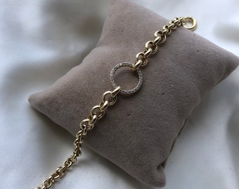 14k Gold Rolo Link Bracelet with Rolo Charm Thick Belcher Chain Gold Bracelet Sailor Lock Clasp Puffy Rolo Charm Valentines Gift