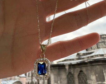 14k Solid Gold Sapphire Necklace: Oval Halo Pendant