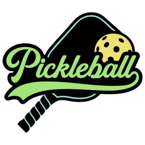 May include: A green and black pickleball paddle with a yellow pickleball on top. The paddle has a black handle and the word "Pickleball" is written in green on the paddle.