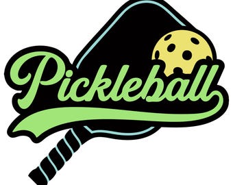May include: A green and black pickleball paddle with a yellow pickleball on top. The paddle has a black handle and the word "Pickleball" is written in green on the paddle.