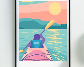 Descarga digital: Impresión de póster de kayakista en colores pastel: arte mural moderno de remo, colorida escena de aventura al aire libre, decoración gráfica de kayak al atardecer