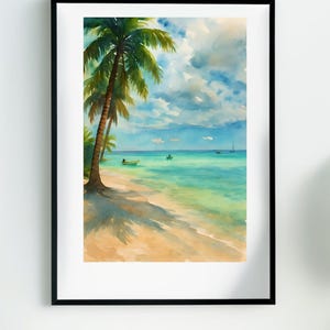 Digital Download- Tropical Beach Wall Art Print – Watercolor Palm Tree Ocean Painting