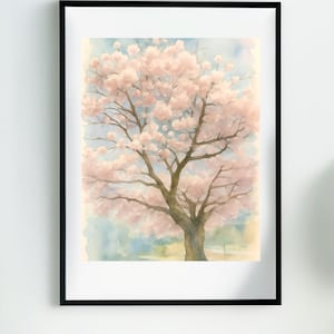 Descarga digital: Impresión de acuarela de cerezo en flor: arte mural floral primaveral, pintura japonesa de sakura, arte mural rosa