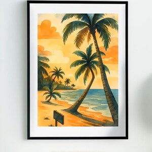 Digital Download: Tropical Sunset Beach with Palm Trees – Watercolor Landscape Art