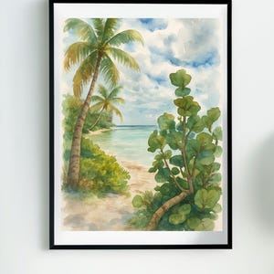 Digital Download: Tropical Beach Shoreline with Lush Greenery and Palm Trees– Watercolor / Watercolour Landscape Art Print