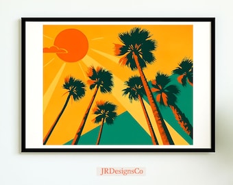 Digital Download: Retro Palm Trees Art Print – Vibrant Sunset Wall Decor, Tropical Summer Vibes, Mid-Century Modern Style