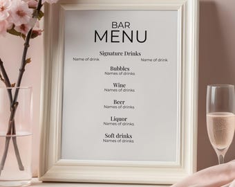 wedding bar menu sign template with signature drinks, editable printable custom wedding signage for modern wedding reception