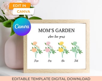 moms garden flower family portrait, thoughtful mothers day diy gift ideas, unique mothers day gift from kids, custom mothers day decor print