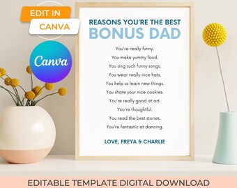 Best Bonus Dad Printable Wall Art, Personalized Gift from Stepkids, Unique Keepsake Digital Download Birthday or Christmas Gift For Step Dad