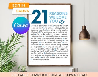 printable 21 reasons we love you 21st birthday gift for him or her, personalized gift canva template, things we love about you party decor