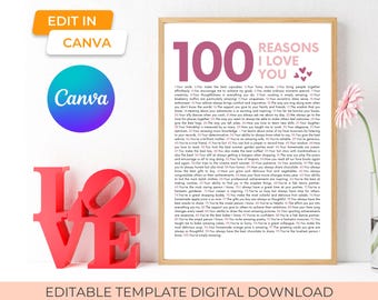 printable 100 reasons I love you gift template, editable one hundred things I love about you welcome sign for 100th birthday party decor
