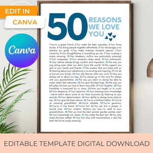 50 reasons we love you canva template printable wall art, 50 things we love about you 50th birthday gift for son or husband 50th anniversary