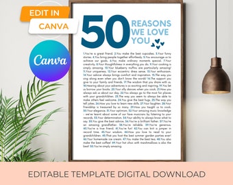 50 reasons we love you canva template printable wall art, 50 things we love about you 50th birthday gift for son or husband 50th anniversary