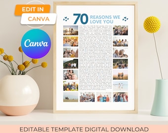 70 Reasons We Love You Printable Canva Photo Collage Birthday Keepsake Gift, 70 Things We Love About You 70th Birthday Gift Poster