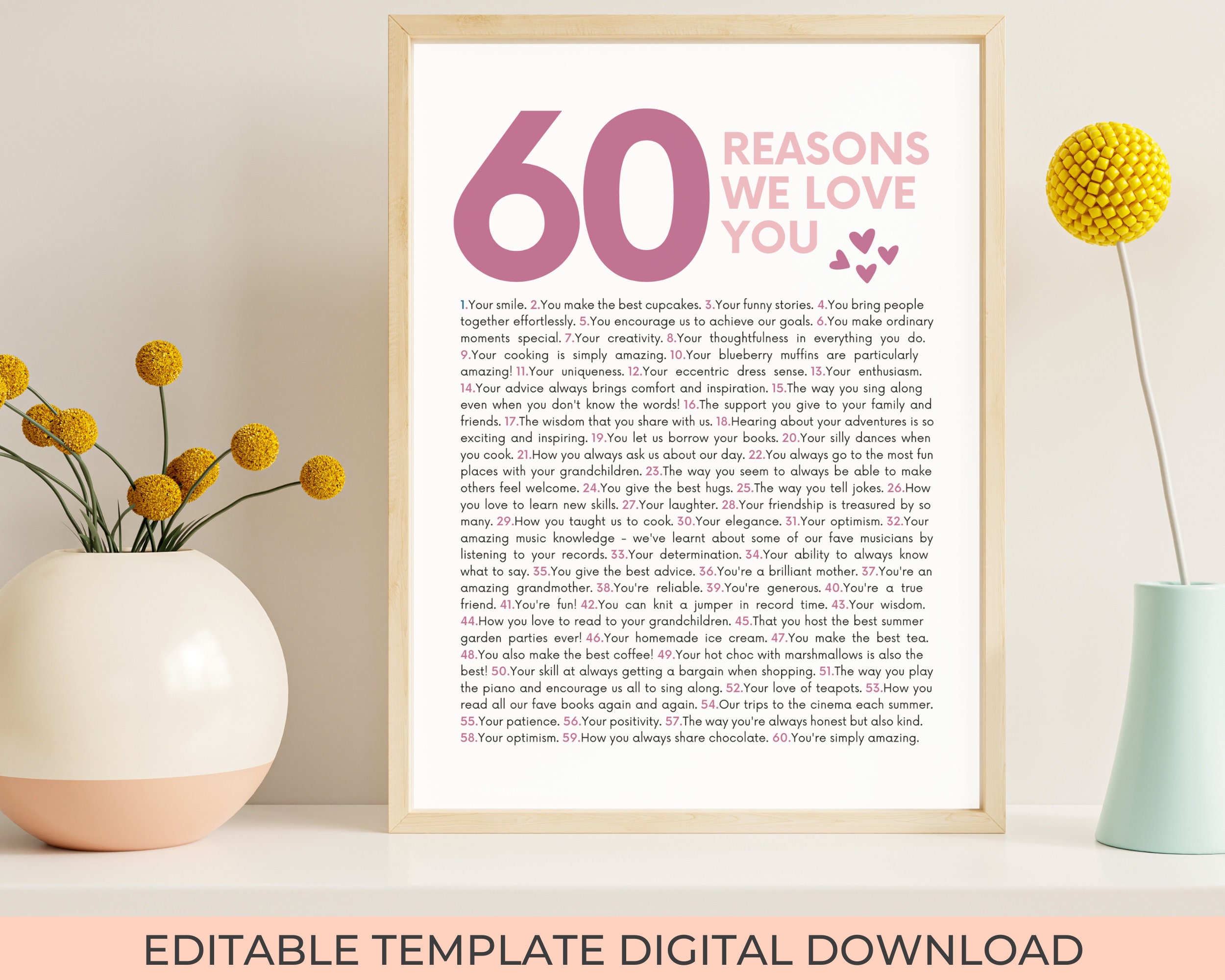 60 Reasons We Love You Canva Template Printable Wall Art, 60 Things We ...