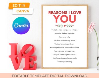 reasons why i love you printable gift template, 1st anniversary sentimental gift for boyfriend, husband or partner, last minute gift idea