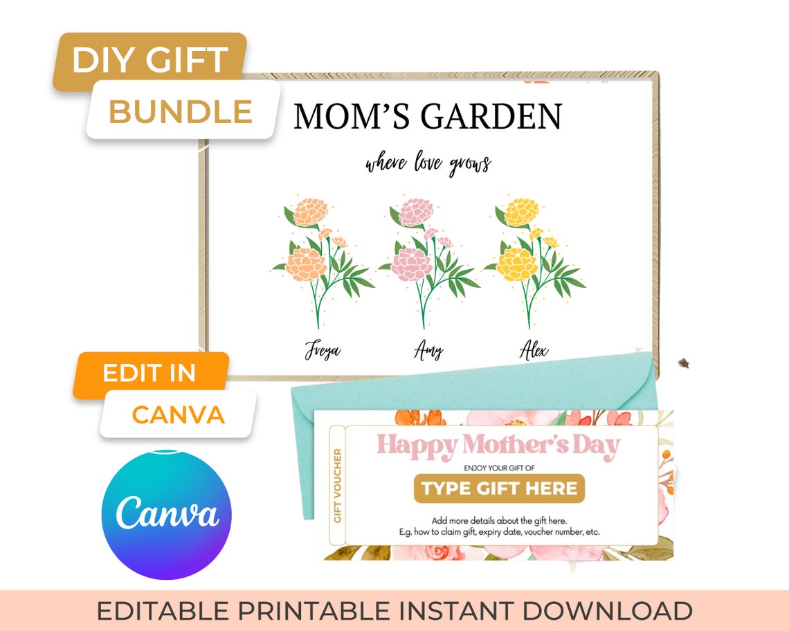 Editable Printable Gift Set for Diy Mother's Day, Mom's Garden Art &amp; Voucher Template Gift for ...