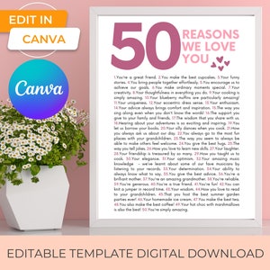 50 reasons we love you canva template printable wall art sentimental gift, 50 things we love about you 50th birthday gift for her