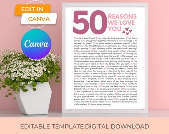 50 reasons we love you canva template printable wall art sentimental gift, 50 things we love about you 50th birthday gift for her