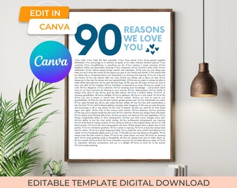 90 reasons we love you canva template printable poster sign, personalized 90 things we love about you 90th birthday gift for dad or grandpa