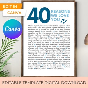 40 reasons we love you self edit canva template, printable forty things we love about you template for anniversary or 40th birthday gift