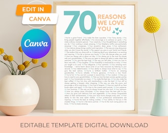 printable 70 reasons we love you gift template, thirty things we love about you welcome sign for 70th birthday party decor or 70 anniversary