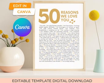 50 reasons we love you canva template printable wall art, 50 things we love about you 50th birthday gift or 50th anniversary gift idea