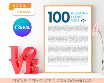 printable 100 reasons I love you gift template, editable one hundred things I love about you welcome sign for 100th birthday party decor