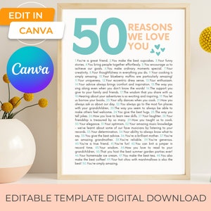 50 reasons we love you canva template printable wall art, 50 things we love about you friend group 50th birthday gift or 50th anniversary