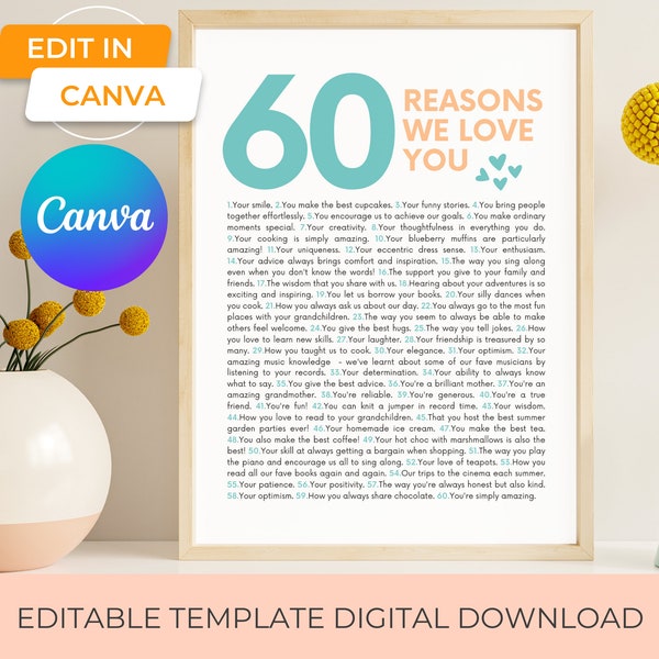 60 reasons we love you gift for 60th birthday or anniversary, 60 things we love about you canva template, printable art personalised gift