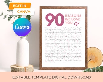 printable 90 reasons we love you gift template, ninety things we love about you welcome sign for 90th birthday party decor or 90 anniversary