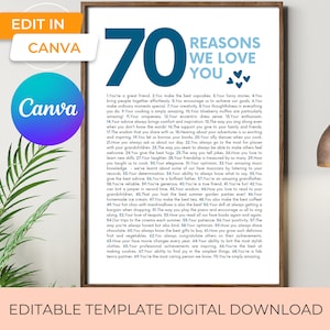May include: A printable digital download with a blue and white design. The text reads "70 Reasons We Love You" with a list of reasons below. The text is in a blue font with a white background.