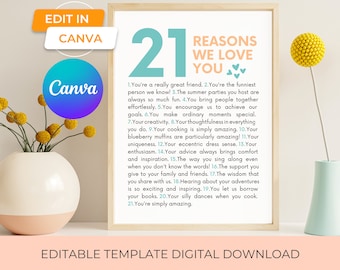 21 raisons pour lesquelles nous vous aimons, cadeau à imprimer pour votre 21e anniversaire, modèle sur toile pour plaque du 21e anniversaire, 21 choses que nous aimons chez vous, cadeau de groupe d'amis