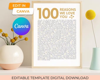 printable 100 reasons we love you gift template, editable one hundred things we love about you welcome sign for 100th birthday party decor