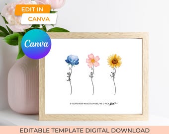Grandma Custom Flower Printable Wall Art Canva Template, Sentimental Grandma Gifts, Family Portrait Grandma Mothers Day Gift From Grandkids
