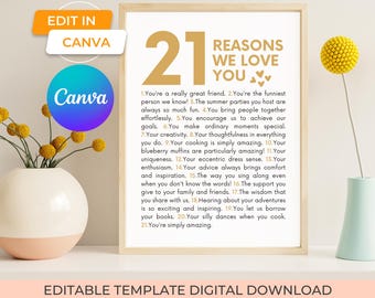 Editable 21 Reasons We Love You Canva Template, Printable Anniversary Or Birthday Decor Personalized Gift, 21st birthday gift for him or her