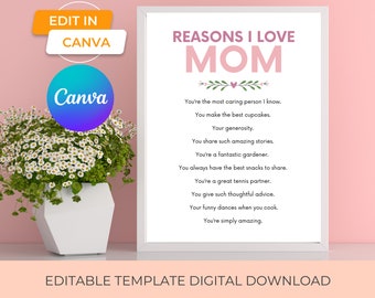 reasons i love you mom diy mothers day gift from kids, things i love about mom mothers day presents, mothers day printable gift for mom