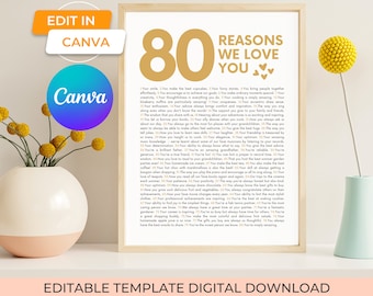 Puede incluir: Impresión enmarcada con el texto "80 Razones Te Amamos" en dorado sobre fondo blanco. La impresión incluye una lista de razones y está disponible como descarga digital editable.