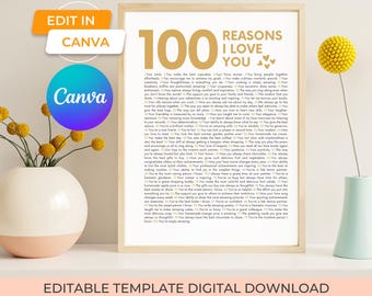 printable 100 reasons I love you gift template, editable one hundred things I love about you welcome sign for 100th birthday party decor