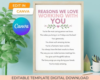 reasons we love working with you template gift for boss or coworker christmas, thank you gift for boss, work anniversary gifts for employees